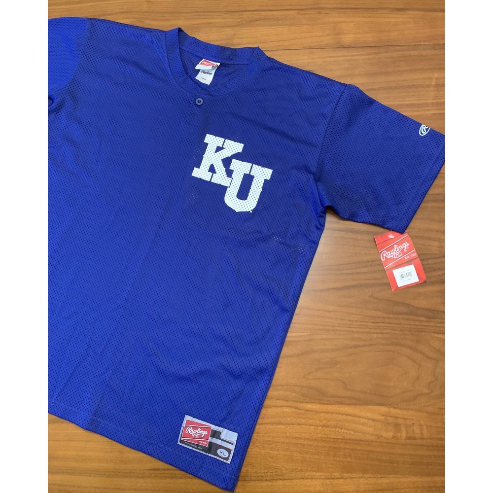 Vintage Kansas Jayhawks Baseball Jersey NEW Mens XL Rawlings Blue Mesh Henley
